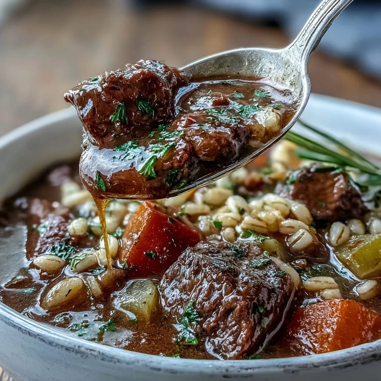 Rich Beef and Barley Soup with chunky vegetables, fresh herbs, and glossy broth, served steaming hot in a ceramic bowl.
