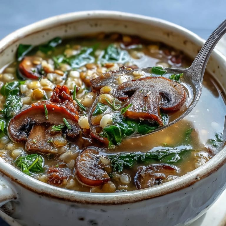 Gekochte Double Lentil and Mushroom Barley Soup mit Linsen, Gerste und grünen Blättern serviert.