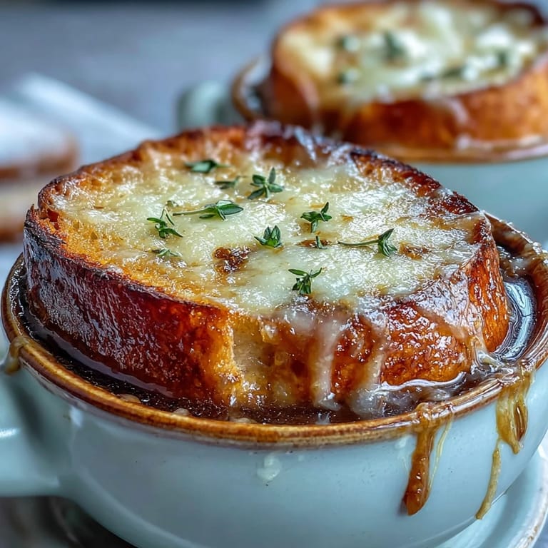 Dampfende French Onion Soup mit knusprigem Brot und zarter Käsekruste, serviert als herzhaftes Abendessen.