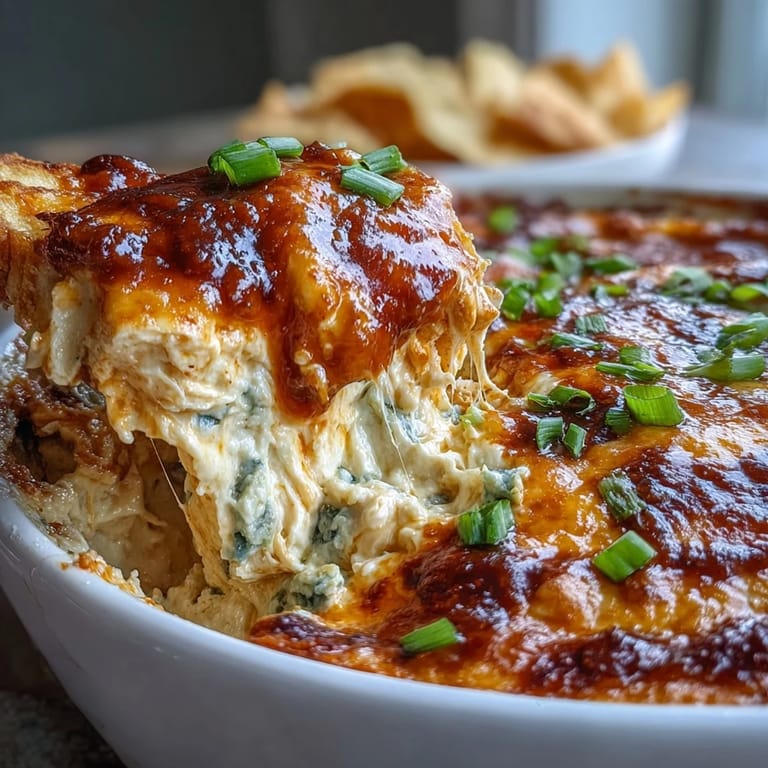 Geschmolzener Buffalo Chicken Dip im Ofen, würzig, cremig, perfekt für den Game Day mit Freunden.