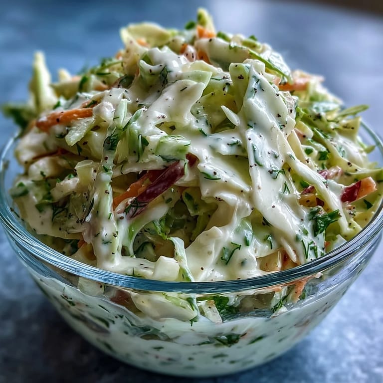 Homemade coleslaw with creamy dressing, featuring crunchy cabbage, carrots, and a hint of celery seed, ready for barbecues.