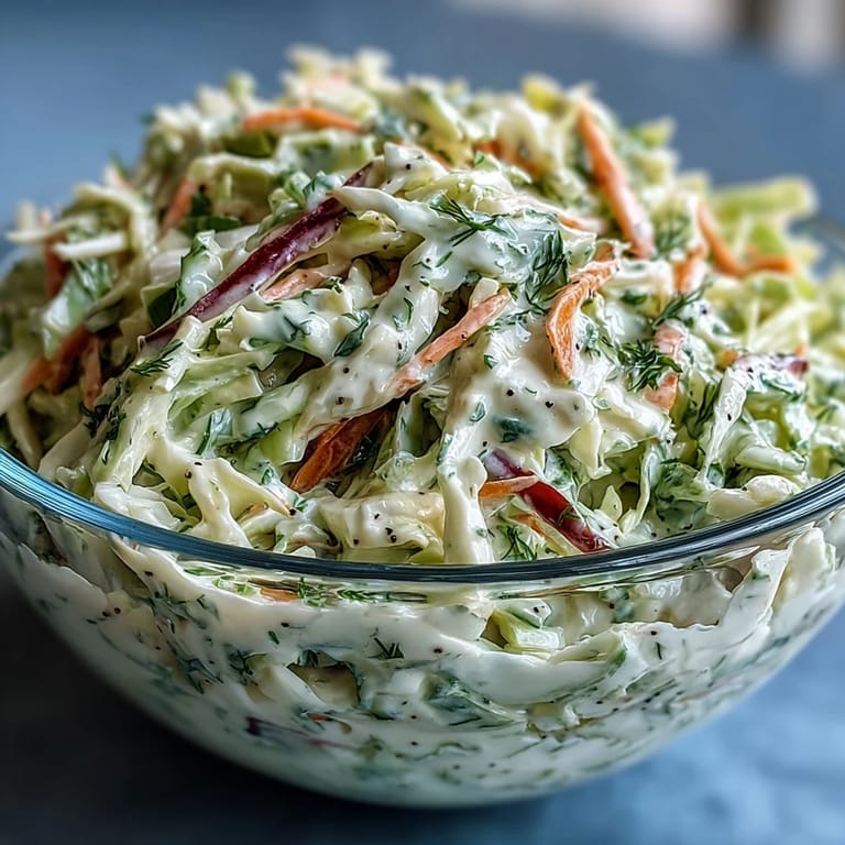 Classic coleslaw with creamy dressing, vibrant green and purple cabbage, served as a refreshing, vegetarian side dish.