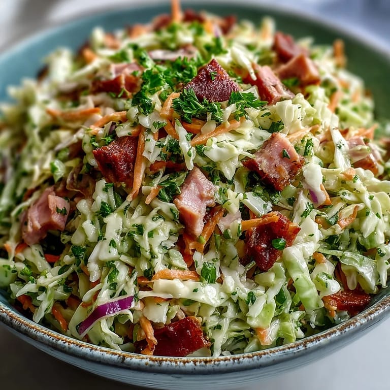 Eine Schüssel German Cabbage Coleslaw mit Shredded Ham garniert mit glänzender Petersilie, perfekt zu Grillgerichten.