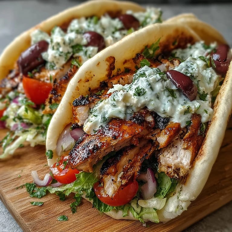 Sizzling marinated Mediterranean Chicken Gyros packed with crunchy veggies and creamy feta tzatziki, perfect for a summer dinner indoors or out.