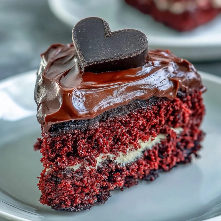 Frosted Red Betty Boop Heart Cake slice revealing soft red crumb beside a dark chocolate Betty Boop heart decoration.