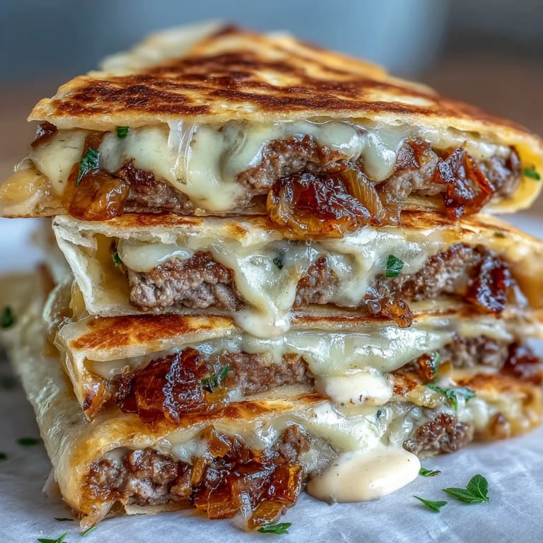 A close look at Cheesy Griddled Smashburger Quesadillas shows melted cheese, thin patties, and onions tucked inside buttery, golden-brown tortillas.