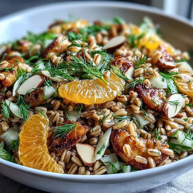 Hearty Farro Salad Bowl with Fennel, Oranges & Almonds, tossed in a zesty vinaigrette, served over greens.  