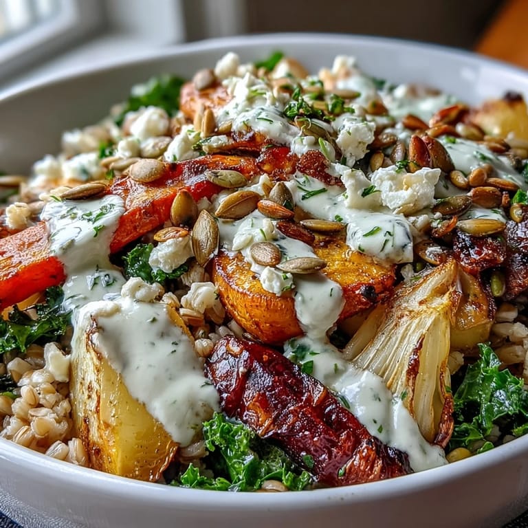 Leckerer Hearty Winter Grain Bowl mit würzigen Karotten, pastinaken und glasigem Kürbis aus dem Ofen.