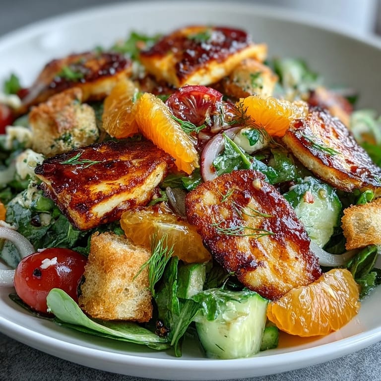 Crispy sourdough croutons in Halloumi Blood Orange Fattoush salad, finished with pomegranate molasses dressing.  