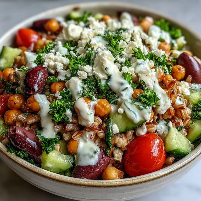 Mediterranean Farro Bowl garnished with chickpeas, parsley, and lemon tahini drizzle, served in a ceramic bowl.