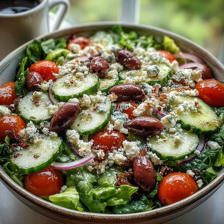 Frische mediterrane Zutaten wie Oliven und Gurken in einer grünen Salad Bowl, fertig für einen gesunden Mittagsimbiss.