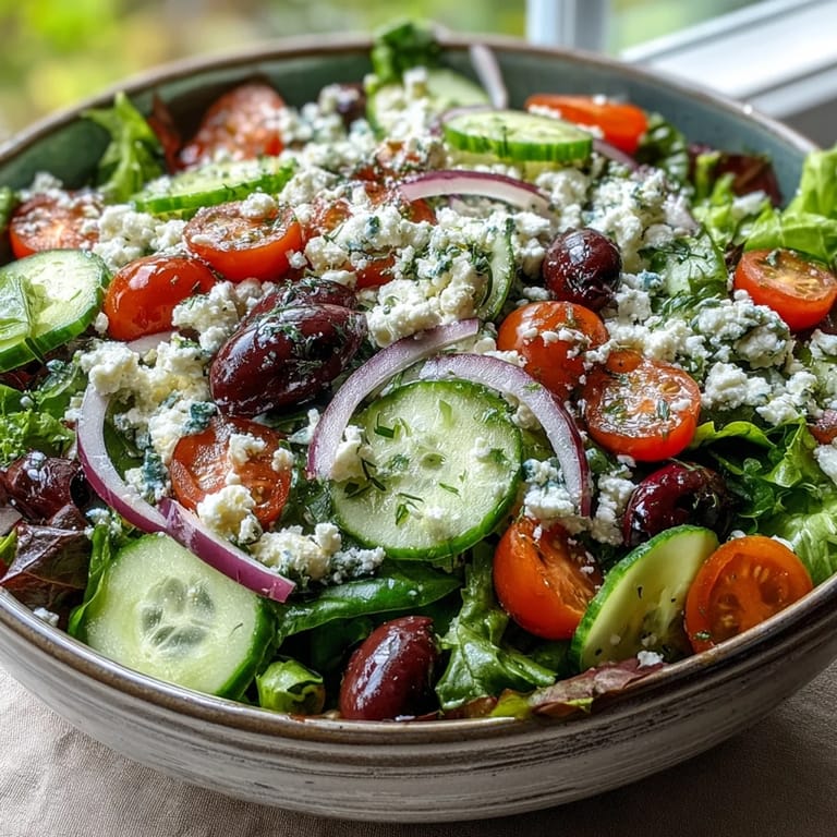 A serving suggestion for Mediterranean Green Salad Bowl beside pita bread, highlighting briny olives and red onion slices.