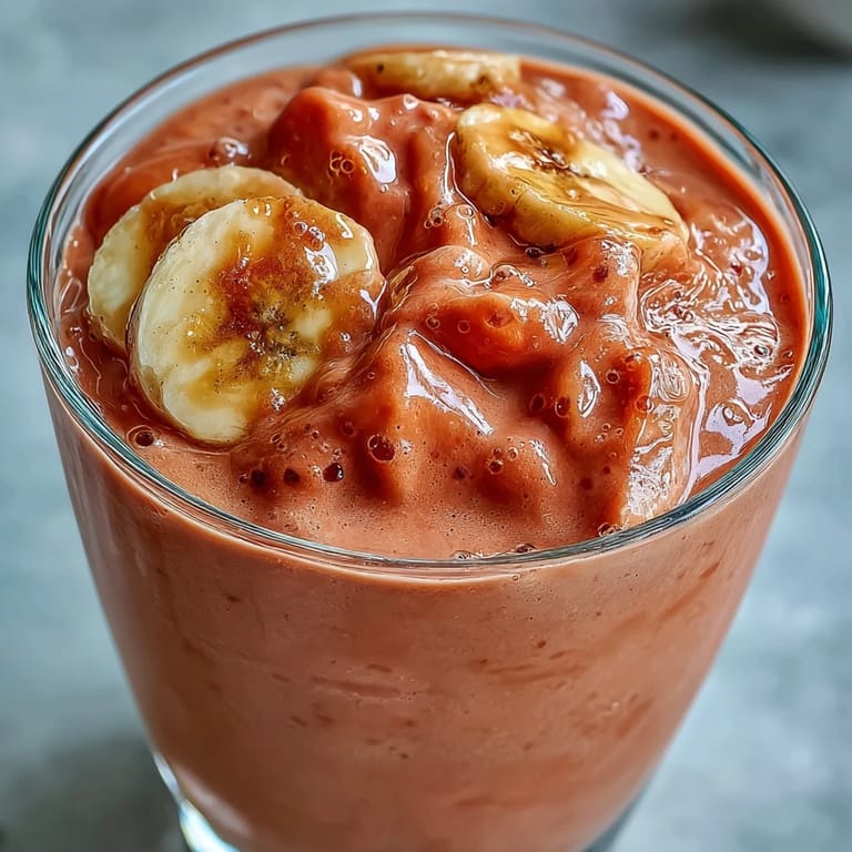 Guava Banana Smoothie in einem hohen Glas, serviert auf einer hölzernen Oberfläche mit frischen Bananenstücken und grünen Blättern im Hintergrund für einen Sommerdrink.
