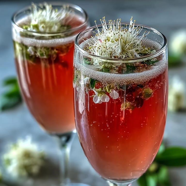 Elderflower Guava Mimosa topped with bubbly champagne and fresh guava slices.