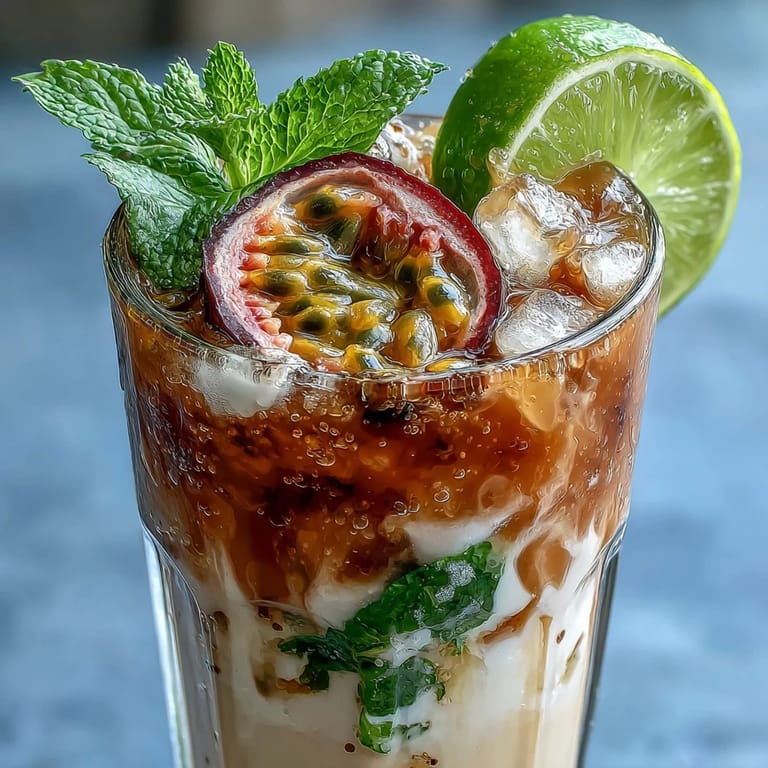 Erfrischender DIY Iced Guava Passionfruit Drink mit leuchtend rosafarbenem Tropical-Mix, Minze und Limette auf eiskalter Oberfläche.