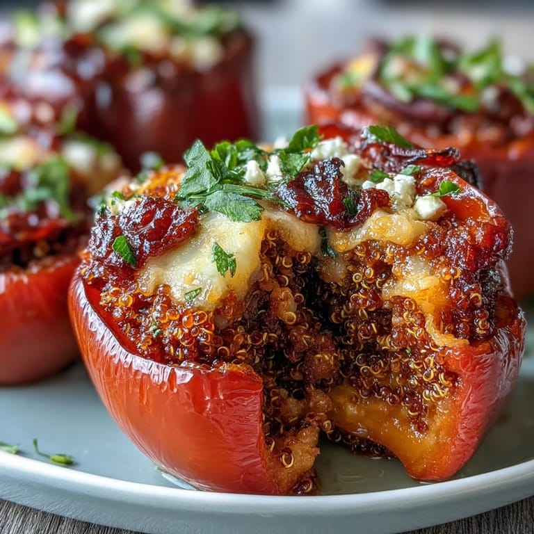 Vier große Paprika gefüllt mit Quinoa, Zucchini, Tomaten und frischen Kräutern, perfekt für ein leichtes vegetarisches Abendessen.  