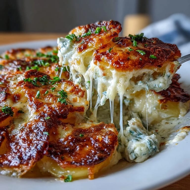 Sinnliche Schichten von Kartoffeln in einer reichhaltigen Knoblauch-Cremesauce, überbacken mit goldgelbem Gruyère.