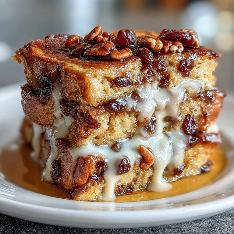 Goldbraune Capirotada mit Zimt, Piloncillo und Rosinen, belegt mit geschmolzenem Käse.