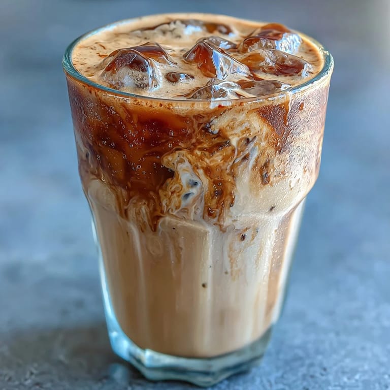Kühle, schaumige Eiskaffee-Mischung mit braunem Zucker-Sirup, Hafermilch und Zimt – perfekt für heiße Tage.