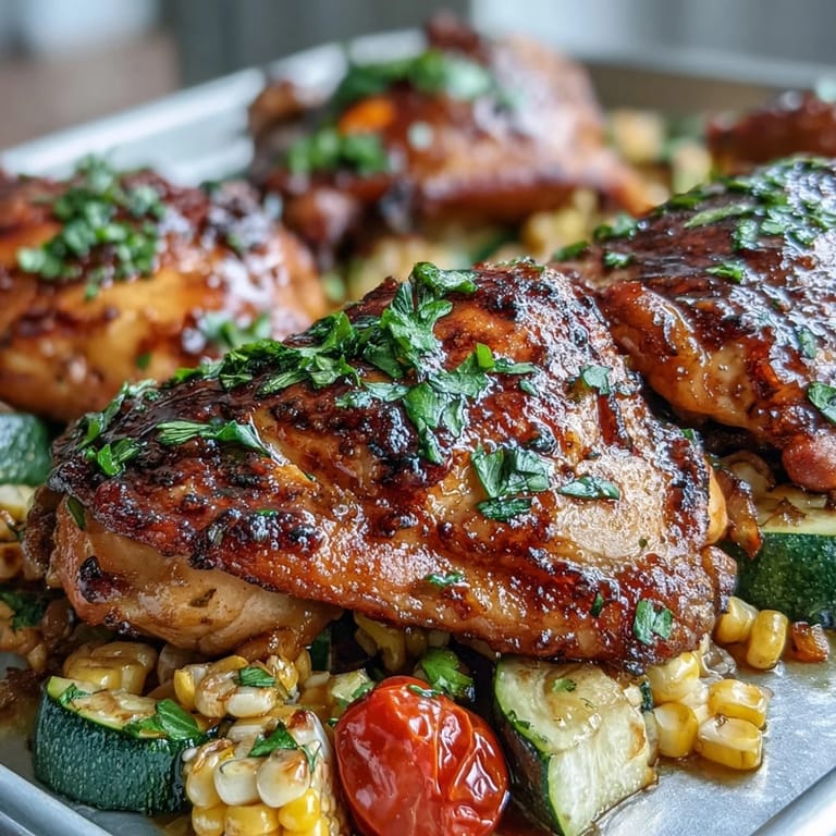 Saftige Hähnchenbrust mit geröstetem Gemüse, Mais und Zucchini für ein einfaches Sommergericht.