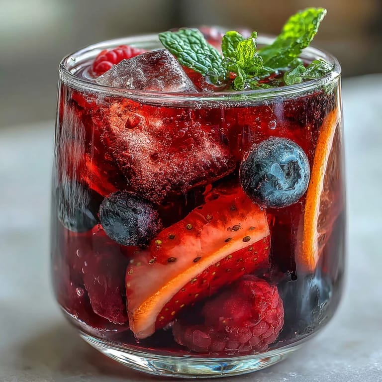 Hausgemachter Eistee mit hibiskusbeeren und Beeren, serviert mit Minze und Zitrusfrüchten.