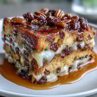 Klassische mexikanische Capirotada mit Zimt, Piloncillo und Rosinen in einer gebackenen Schichtung.